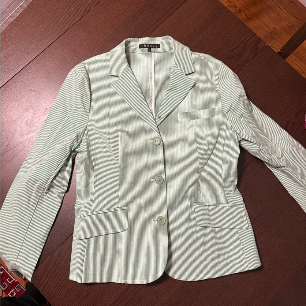 Theory Green / White Striped Cotton Blazer Size 10 - Picture 2 of 8